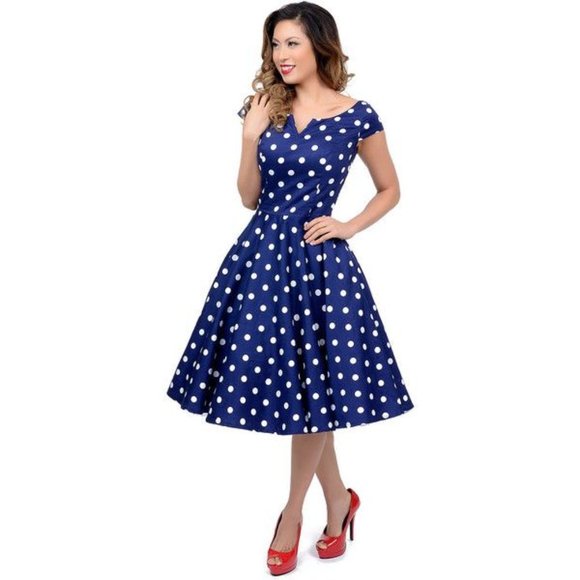 Hell Bunny Vixen 1950s Vintage Style Antoinette Blue Polka Dot Swing Dress Small - Picture 4 of 4